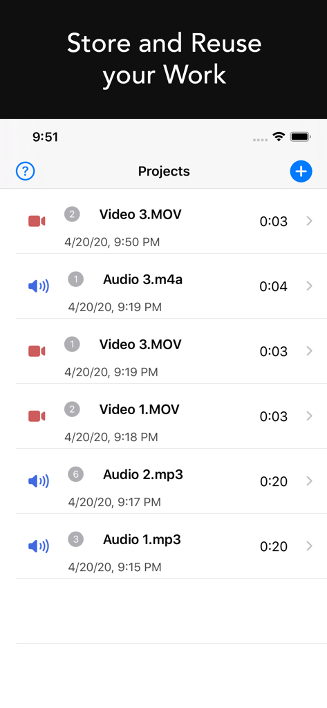 Denoise Audio - Remove Noise - Una lista de proyectos de audio y video guardados dentro de la interfaz de la aplicación Denoise Audio.