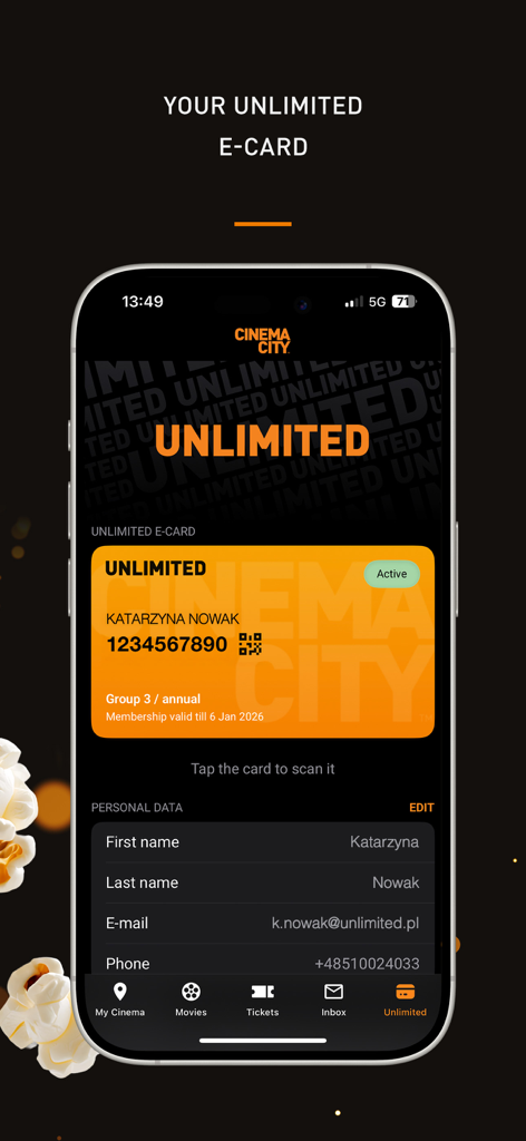 Cinema City: Movies & Tickets - Tessera digitale di membership Unlimited dell'app Cinema City