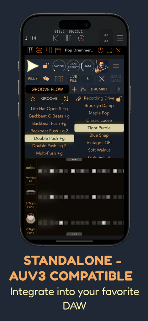 Pop Drummer -Real Drum Machine - Pop Drummer app interface showing AUv3 compatibility and drum kit selection for DAW integration.