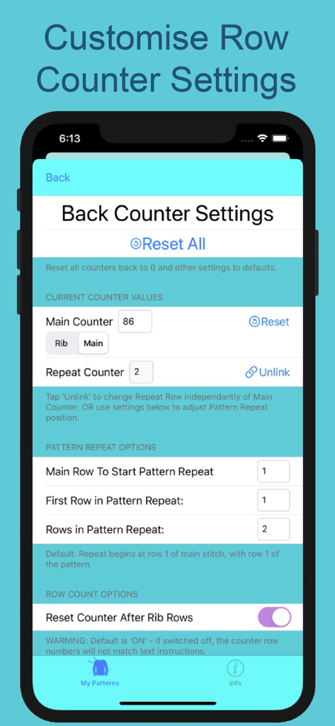 KnitsThatFit Sweaters Premium - Row counter and pattern repeat settings interface in the KnitsThatFit knitting app