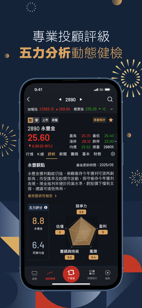 SinoPac Dawho Tou app stock analysis screen with five force radar chart and professional investment ratings