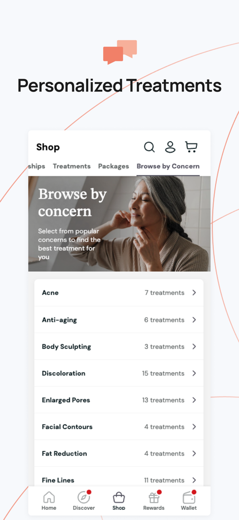 MyRepeat: Patient Rewards - Interface de l'application MyRepeat montrant des options de traitement esthétique personnalisées classées par préoccupations cutanées