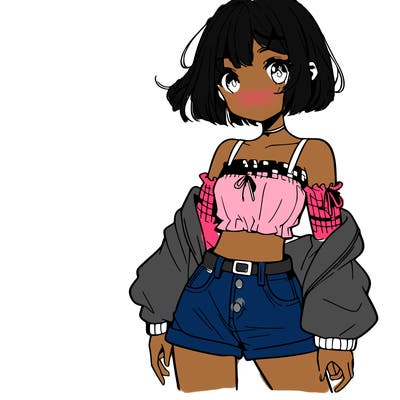 anime girl with mini shorts and a crop top and short hair