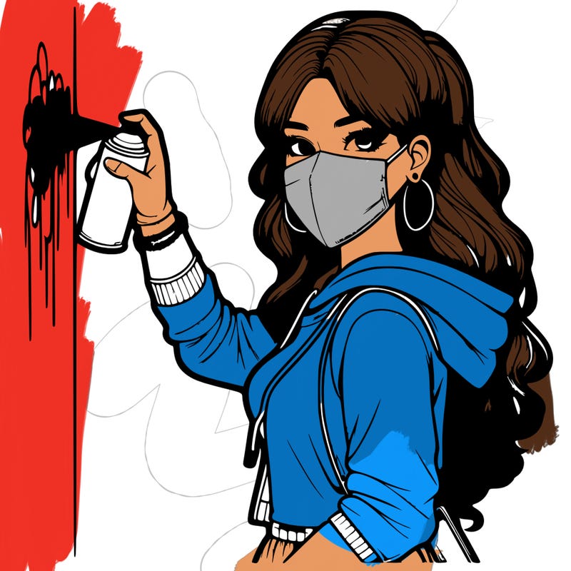 realistic girl with mask spray painting a wall