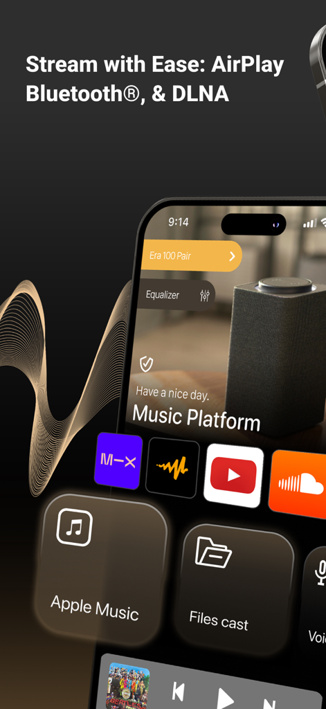 Smart Speaker Equalizer Remote app interface showing AirPlay and Bluetooth streaming options with music platform icons