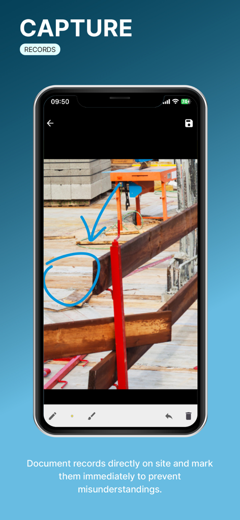 reportly - Aplicación reportly mostrando una foto de una obra de construcción con anotaciones y marcas azules