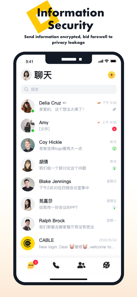 Cable Messenger - Interfaccia dell'app mobile Cable Messenger che mostra un elenco di chat crittografate e contatti per la comunicazione aziendale.