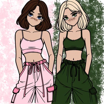 two girls with crop top with baggy pants
