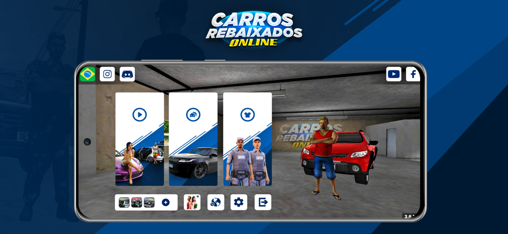 Carros Rebaixados Online - Main menu screen of Carros Rebaixados Online mobile game featuring car and character customization cards