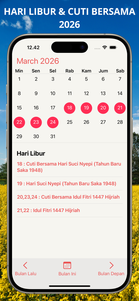 Kalender Indonesia 2026 - March 2026 calendar view in the Kalender Indonesia app showing highlighted public holidays and collective leave dates.