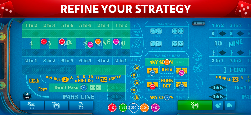 Vegas Craps by Pokerist - Uma interface de mesa de craps digital mostrando várias opções de aposta e fichas no layout com um cabeçalho 'refine sua estratégia'