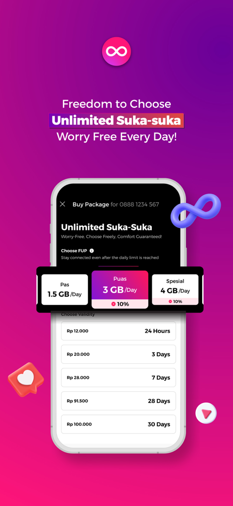 Interface of MySmartfren app showing unlimited data package options and pricing