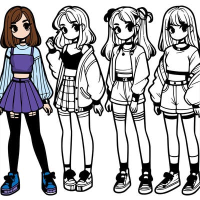 one girl with crop-top shirt and a jacket with a skirt, long socks and another girl with a shirt and pants with a jacket