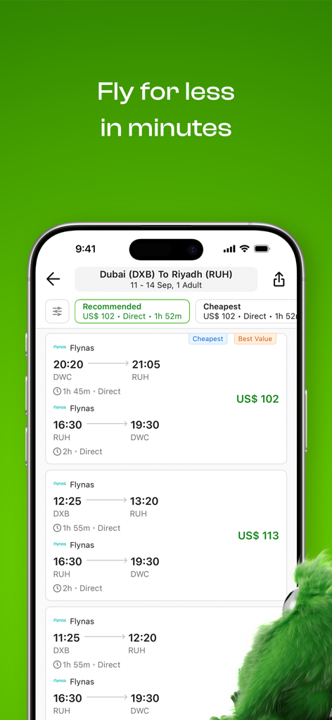 Wego Flights & Hotels Booking - Tela de resultados de pesquisa de voos do aplicativo Wego mostrando preços e horários de voos de Dubai para Riade