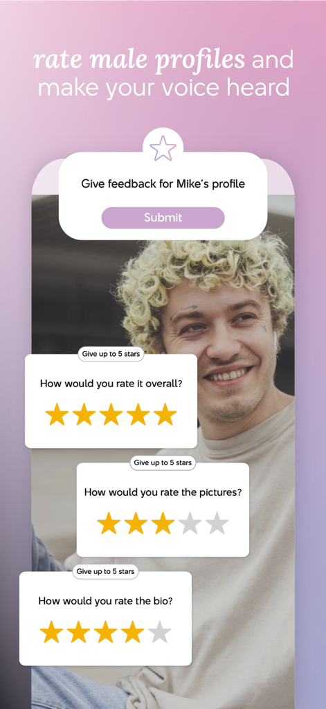 Chyrpeアプリのインターフェース。女性が男性のデーティングプロフィールを評価し、星評価を使用してフィードバックを提供する機能が表示されています。