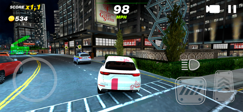 Street Racing: Car Battle - Gameplay of Street Racing Car Battle featuring a car driving through a city at night with high speed HUD elements.