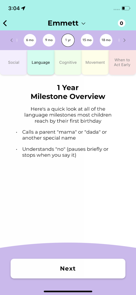 CDC Milestone Tracker app displaying language milestones for a 1 year old child