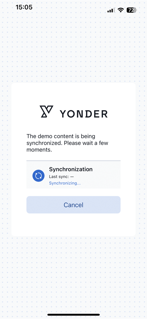 Yonder Offline Reader NG - Pantalla de sincronización de la aplicación Yonder que muestra contenido de demostración siendo descargado para lectura sin conexión.