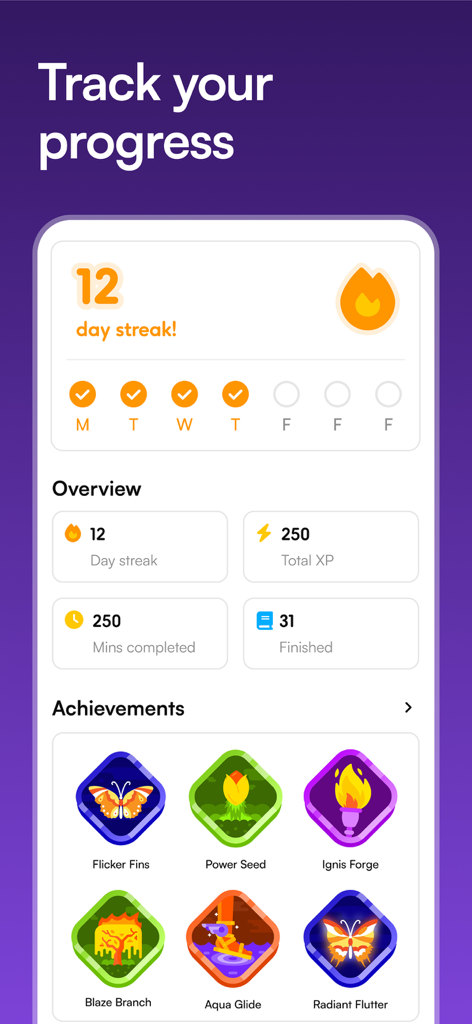 Wizdom: Book Summary & Podcast - A dashboard of the Wizdom app showing user progress through daily streaks, XP points, and achievement badges.