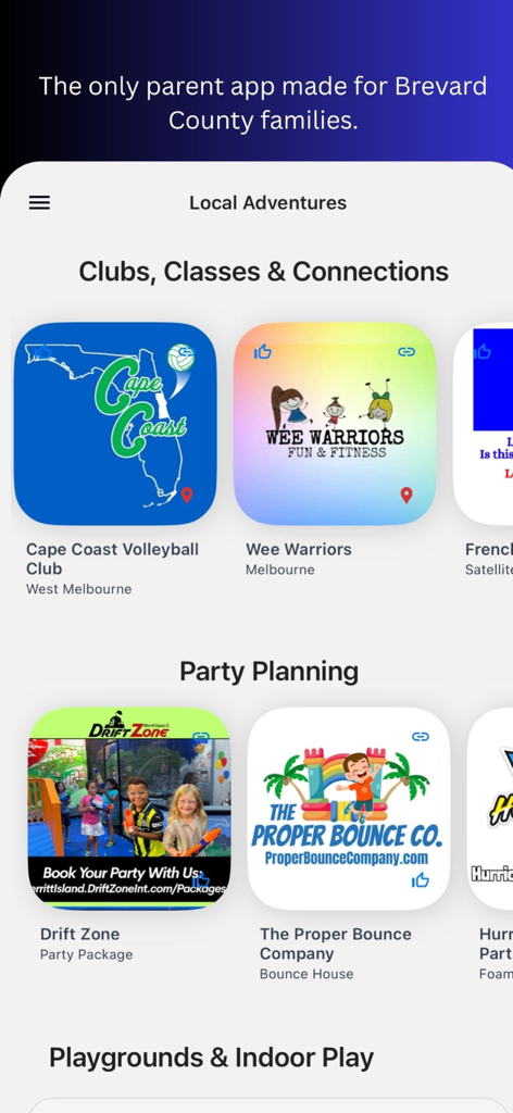 Brevard Kid app showing local clubs and party planning categories for families in Brevard County