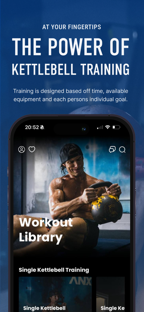AFFit Kettlebell Workouts - Smartphone screen displaying the AFFit kettlebell workout library with a man training.