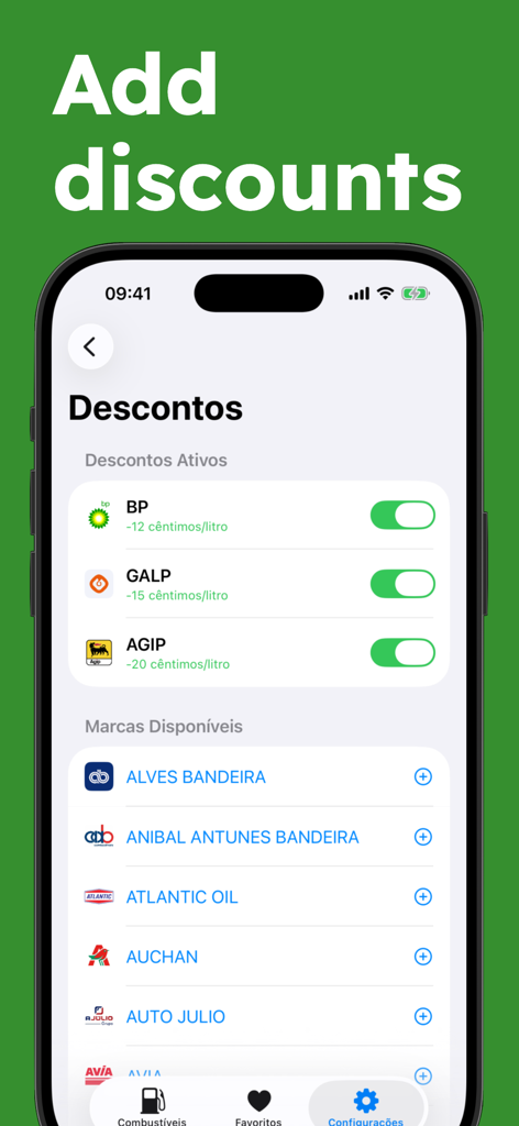 PortuGAS - Fuel Prices PT - Interfaccia dell'app PortuGAS che mostra la gestione degli sconti sul carburante per le carte fedeltà in Portogallo.