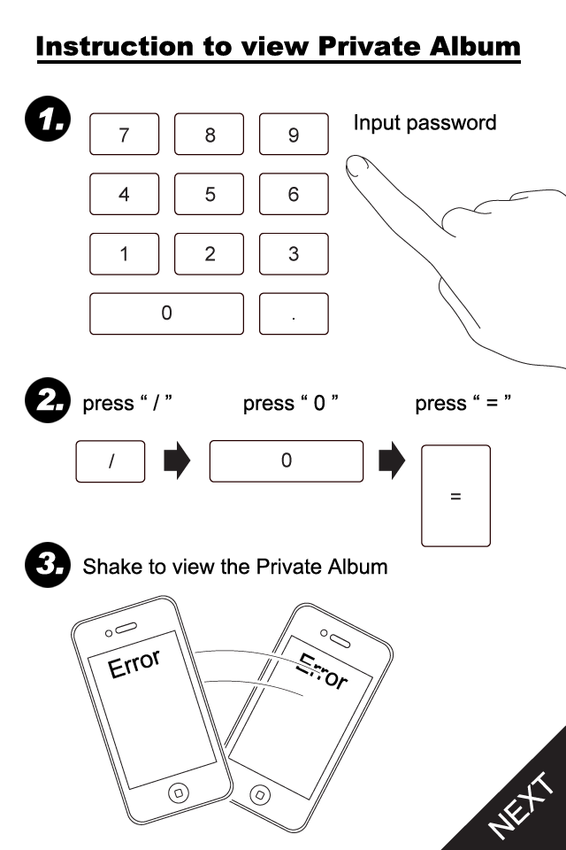 Calculator SAFE – Protect Private Photo & Documents - Instrucciones paso a paso para acceder al álbum privado en Calculadora OCULTA, incluyendo la entrada de contraseña y el movimiento de agitar el dispositivo
