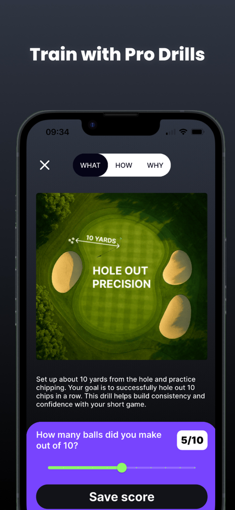 Pro Golf Training - A mobile screen showing a golf chipping drill called Hole Out Precision with instructions and a score slider