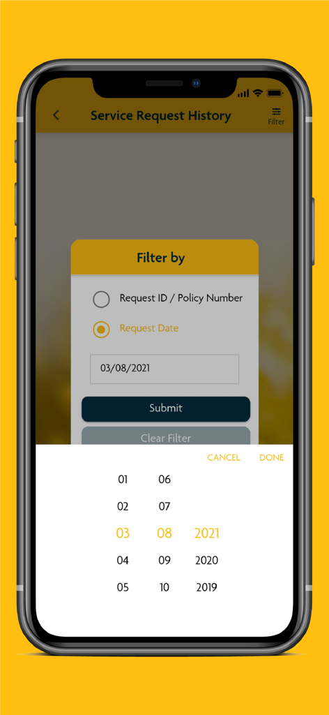 SunAccess app screen showing service request history with a filter pop up and date picker