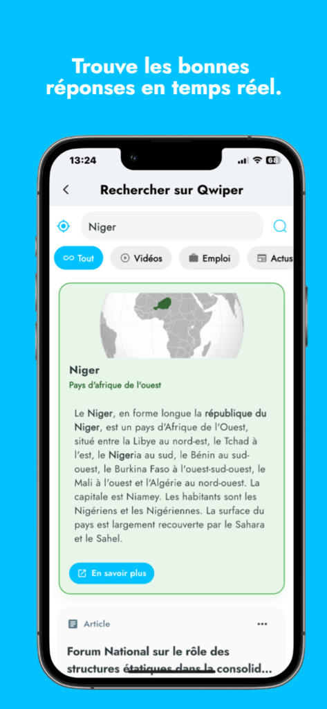 Qwiper - Qwiper app search interface with an AI summary of a location and a map