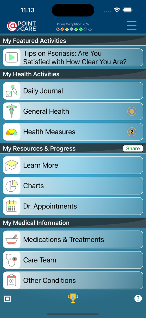 Dashboard of the Psoriasis Manager app featuring sections for health activities, journal tracking, and medical information.