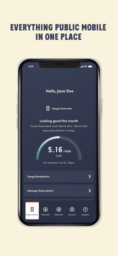 Panel de la aplicación Public Mobile que muestra el resumen del uso de datos y los detalles de la suscripción en una pantalla de iPhone.