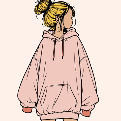 realistic girl with a oversized sweatshirt on and a bun