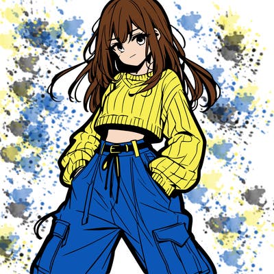 anime teen girl with baggy pants and crop top with sweater
