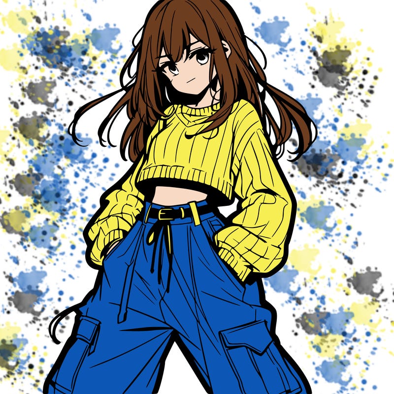 anime teen girl with baggy pants and crop top with sweater