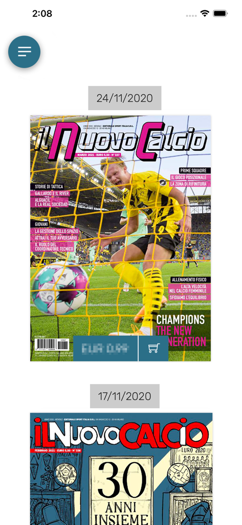 Nuovo Calcio - App Nuovo Calcio che mostra un archivio digitale di edizioni della rivista tecnica di calcio