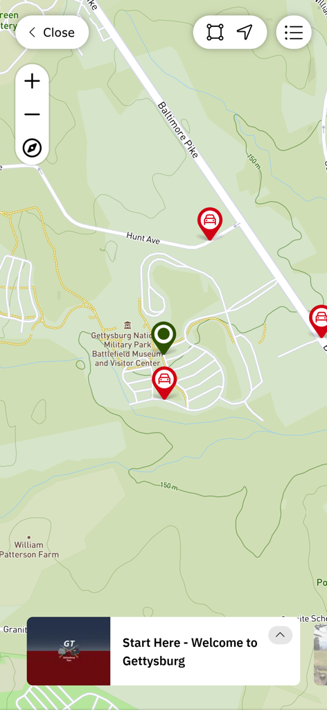 Interactive map of Gettysburg National Military Park showing driving tour stops and visitor center