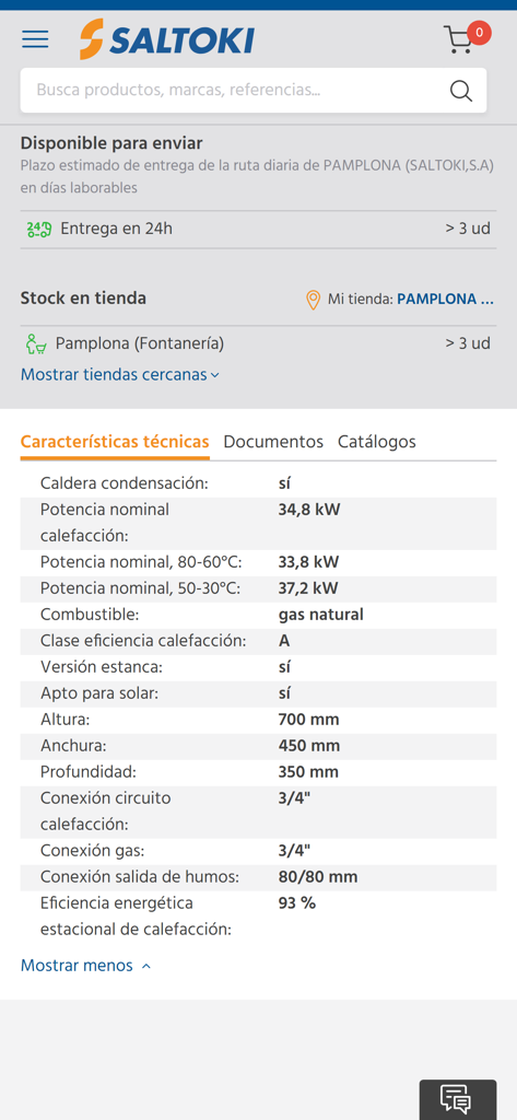 Interfaz de la aplicación Saltoki Online 2.0 mostrando especificaciones técnicas y disponibilidad de existencias de una caldera de condensación