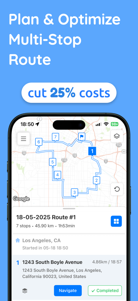 Interface do Loop Route Planner mostrando uma rota de entrega otimizada de 7 paradas em um mapa de Los Angeles.