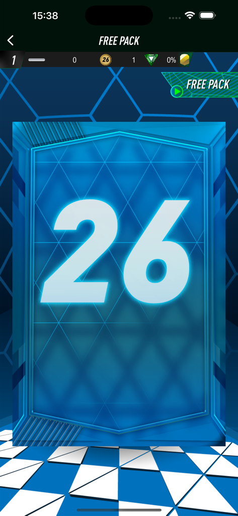PACFUT 26 - PACFUT 26 game screen showing a free pack opening with a large blue card featuring the number 26
