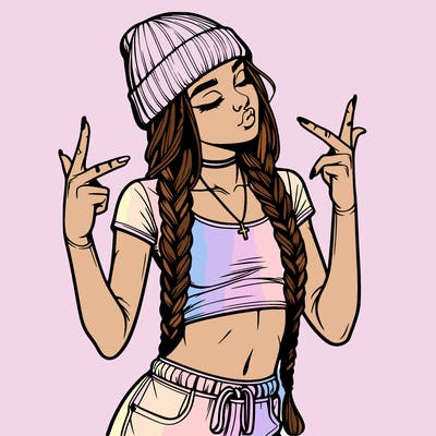 realistic teenage girl with braids and a beanie and crop top doing 🫶🏼