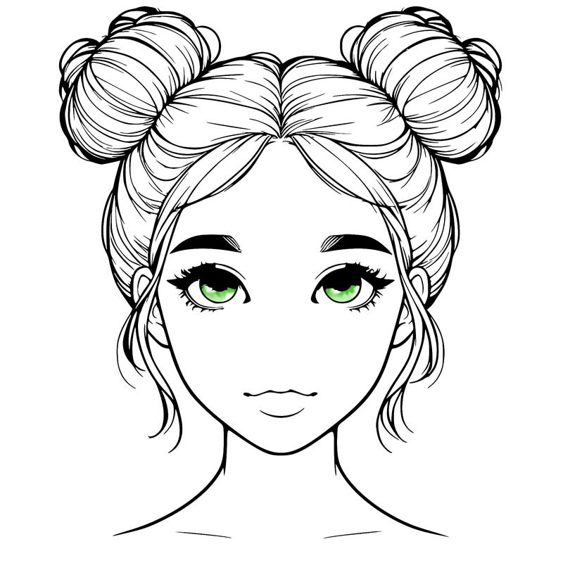 realistic girl with two buns on top of her head
