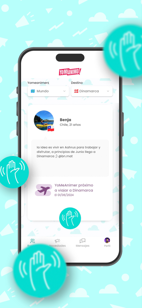 YoMeAnimo! - A user profile in the YoMeAnimo app for a traveler planning a trip to Denmark