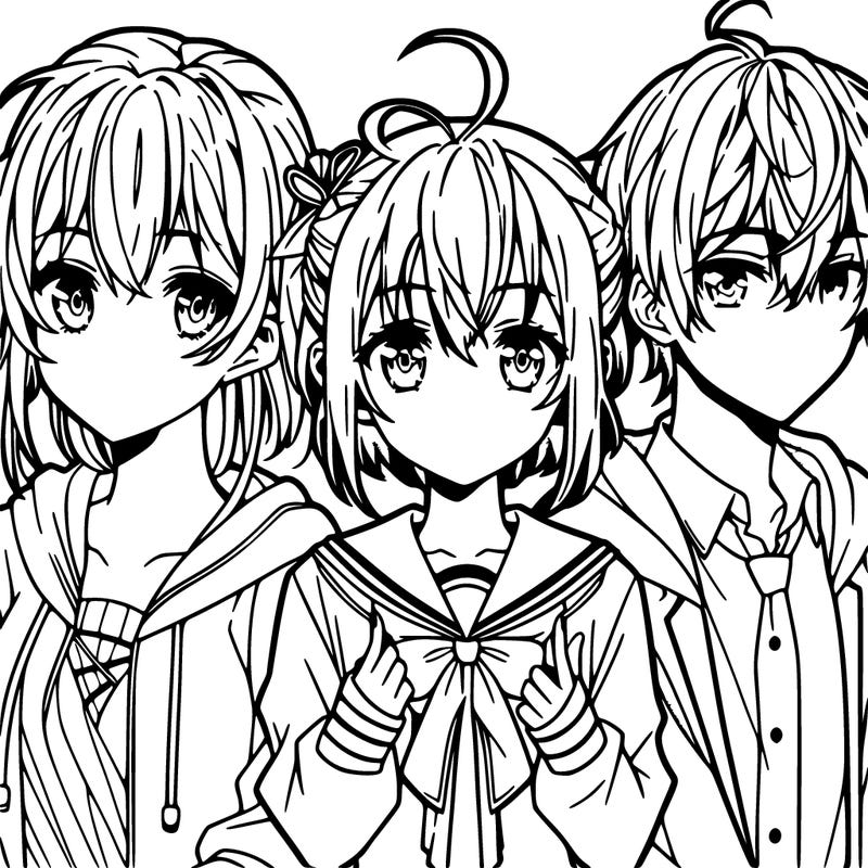 three anime girls and one anime girl with short hair and two anime boys