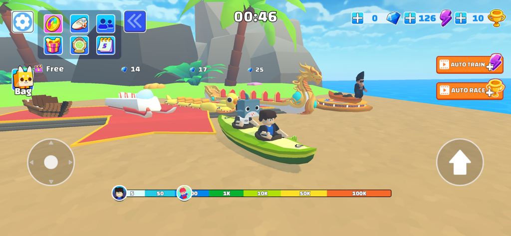 Kayak Master - Kayak Master game screen showing various kayak skins on a tropical beach