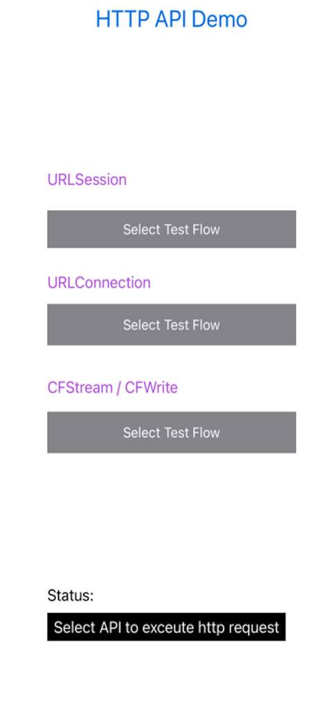 HttpDemo - URLSession、URLConnection、CFStreamのテストフロー選択を示すHttpDemoアプリのメイン画面。