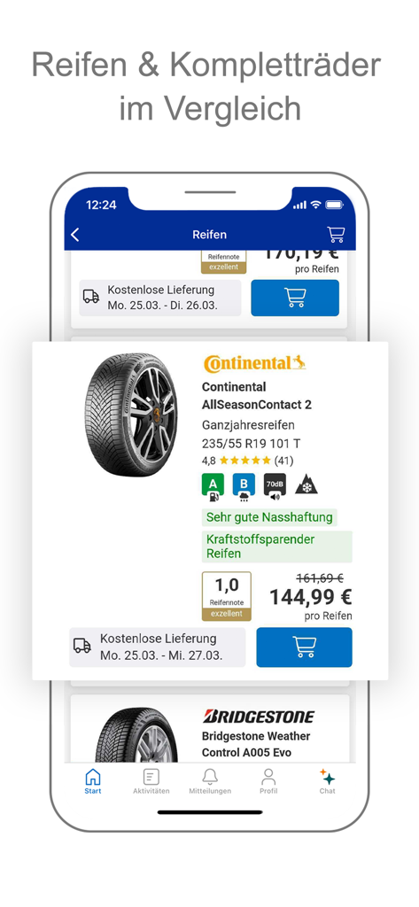 CHECK24 - CHECK24 mobile app interface displaying a comparison of car tires including prices ratings and efficiency labels