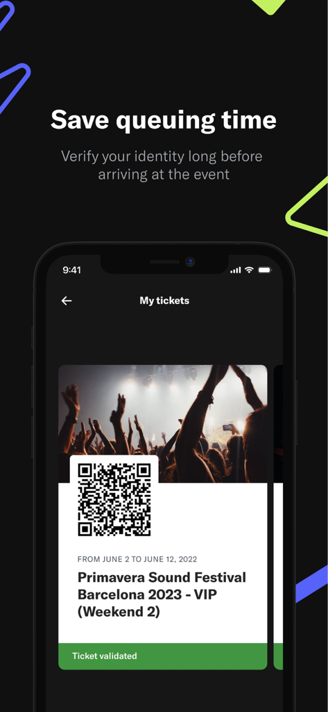 La aplicación AccessTicket muestra una entrada digital validada para el Festival Primavera Sound con un código QR.