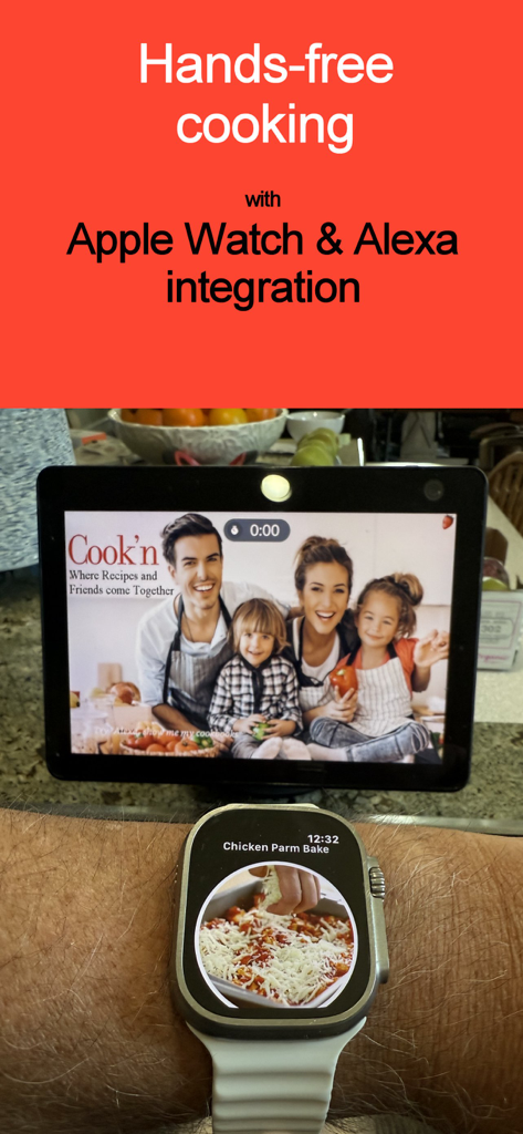Recipe Keeper - Cook'n - Funcionalidade de cozimento sem as mãos do aplicativo Cookn exibida no Apple Watch e dispositivo Alexa