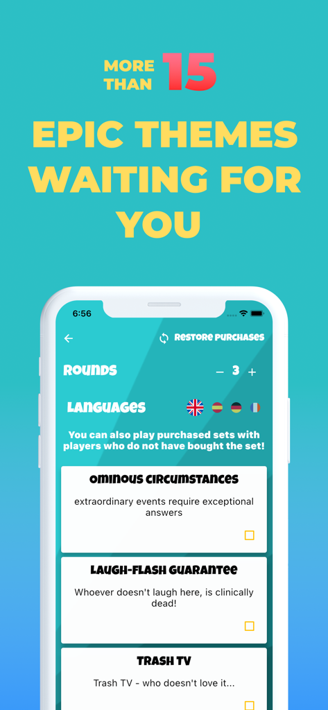 Tricksterアプリのインターフェース。様々なゲームテーマとラウンド設定を表示。